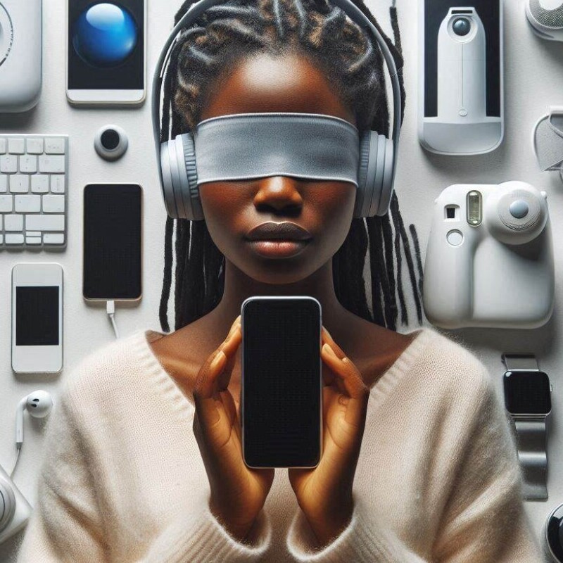 Photo of a woman with a headset and smart phone