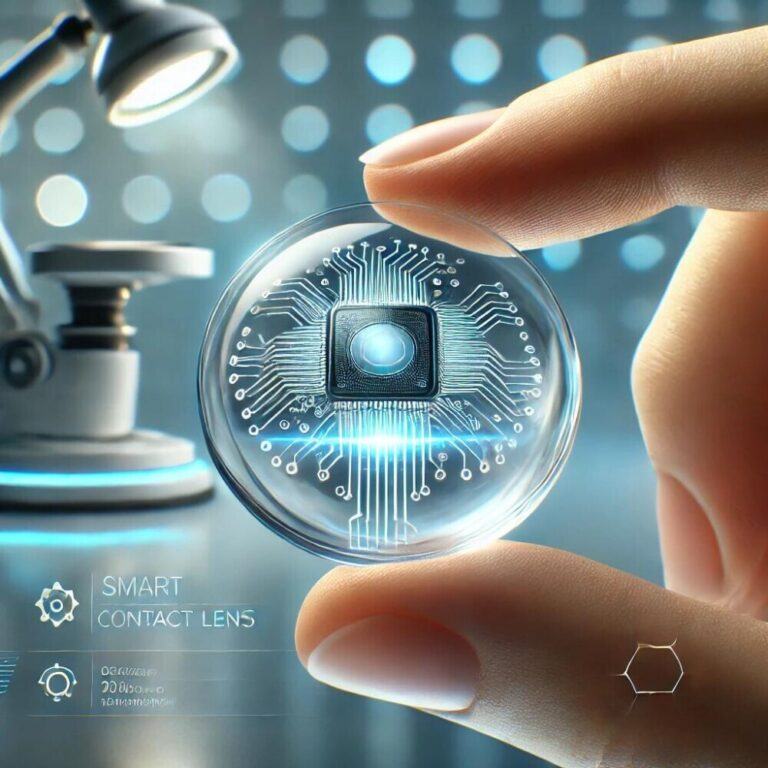 A hand holding a smart contact lens