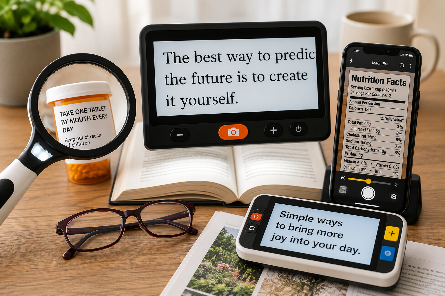 A collection of low vision magnification tools arranged on a wooden desk, including an illuminated handheld magnifier, a digital magnifier, a smartphone using a magnifier app, reading glasses, and an open book in a softly lit home setting.