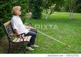 A woman with a white cane sitting on a park bench