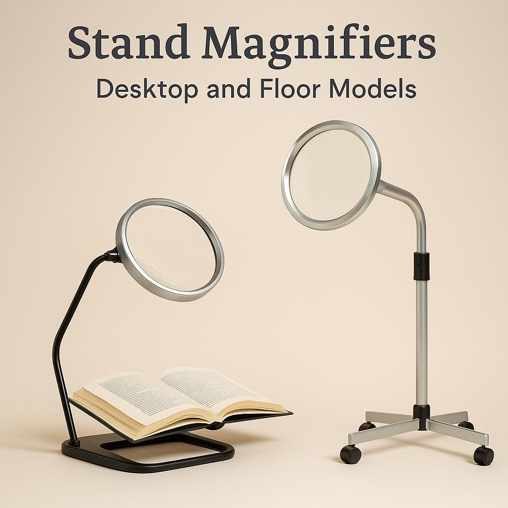 Photo-style comparison of two stand magnifiers: a desktop model with a book beneath it and a floor-standing model on wheels, against a neutral background