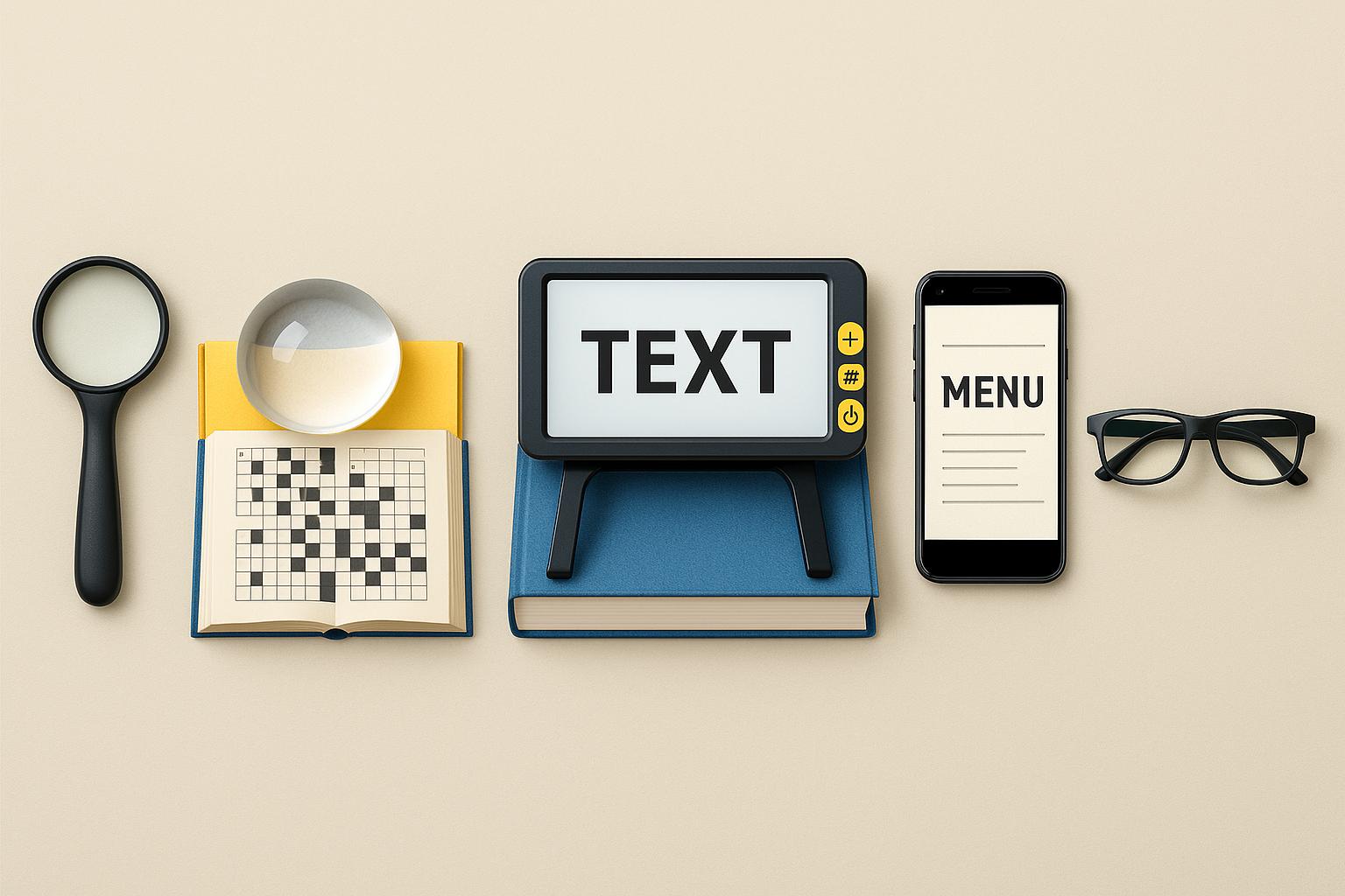 Featured image showing different types of magnifiers for low vision, including handheld, stand, dome, electronic, and smart glasses