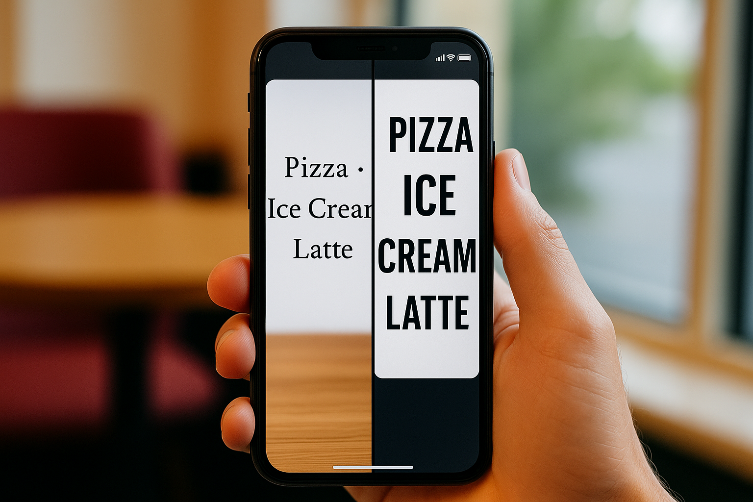 Split-screen image of a smartphone showing normal text on one side and enlarged text on the other using a magnifier app