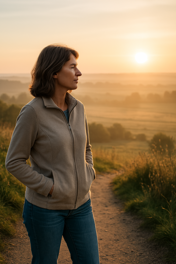 A middle-aged woman stands on a quiet dirt path at sunrise, gazing out over open fields in quiet reflection—symbolizing the moment she chose to accept her vision loss and move forward.