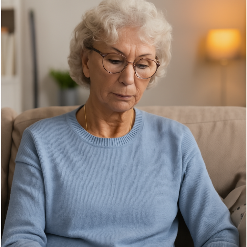 Elderly woman with glasses sitting quietly on a sofa, representing early signs of vision loss in elderly parents.