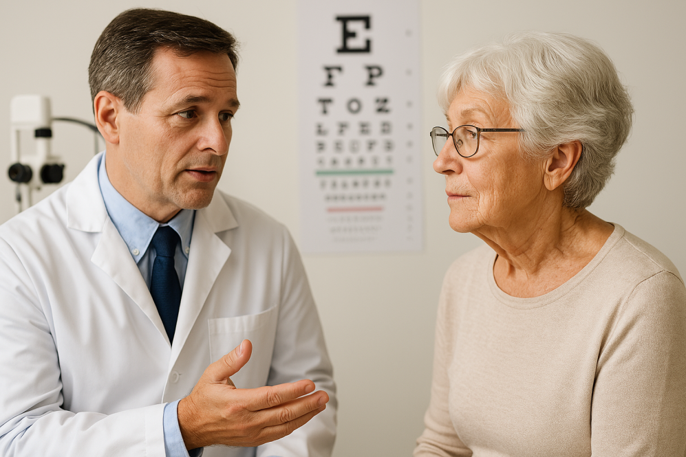 An eye doctor explains a diagnosis of macular degeneration to a middle-aged woman during an exam in a bright clinic.