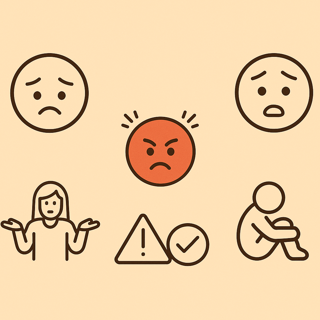 A flat-style illustration of six emotional icons on a warm beige background, including a sad face, angry face, anxious face, a confused figure with raised hands, a triangle with an exclamation mark beside a checkmark, and a person sitting with head down—representing emotional responses like grief, frustration, anxiety, denial, low confidence, and isolation.
