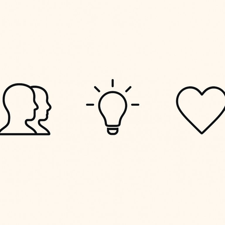 Three minimalist icons—two overlapping profiles, a lightbulb, and a heart—symbolize support, mindfulness, and self-care, arranged on a soft beige background.