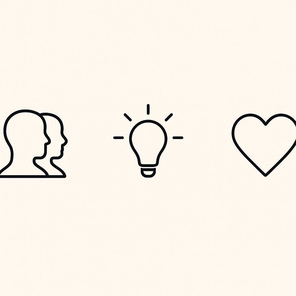 Three minimalist icons—two overlapping profiles, a lightbulb, and a heart—symbolize support, mindfulness, and self-care, arranged on a soft beige background.