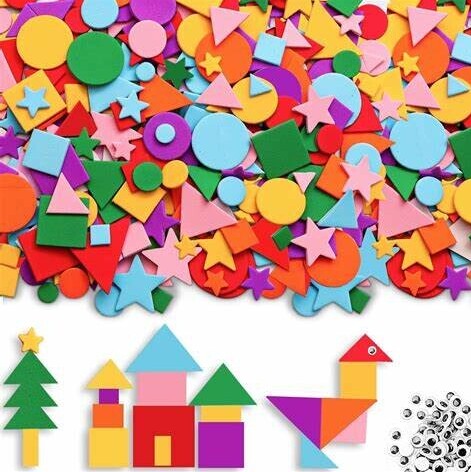A collection of colorful foam stickers in various shapes including stars, triangles, squares, and circles, displayed on a white background.