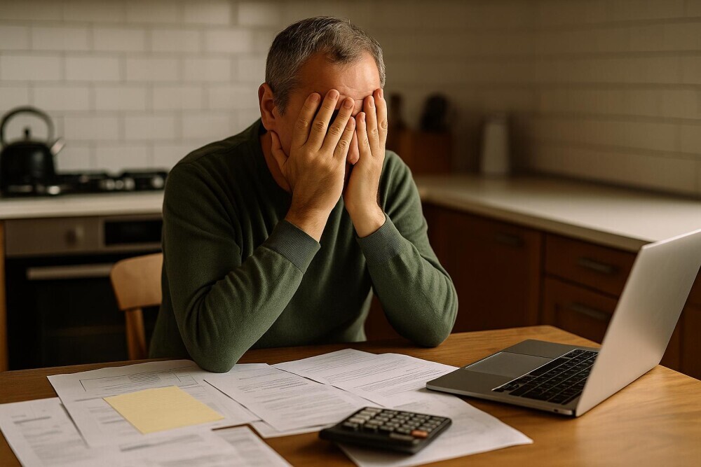 A middle-aged man sits at a kitchen table covered in paperwork, holding his head in his hands in frustration, with a laptop and calculator in front of him.
