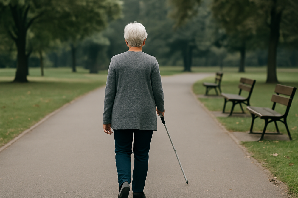 A solitary figure walks along a park path using a white cane, surrounded by empty benches.
