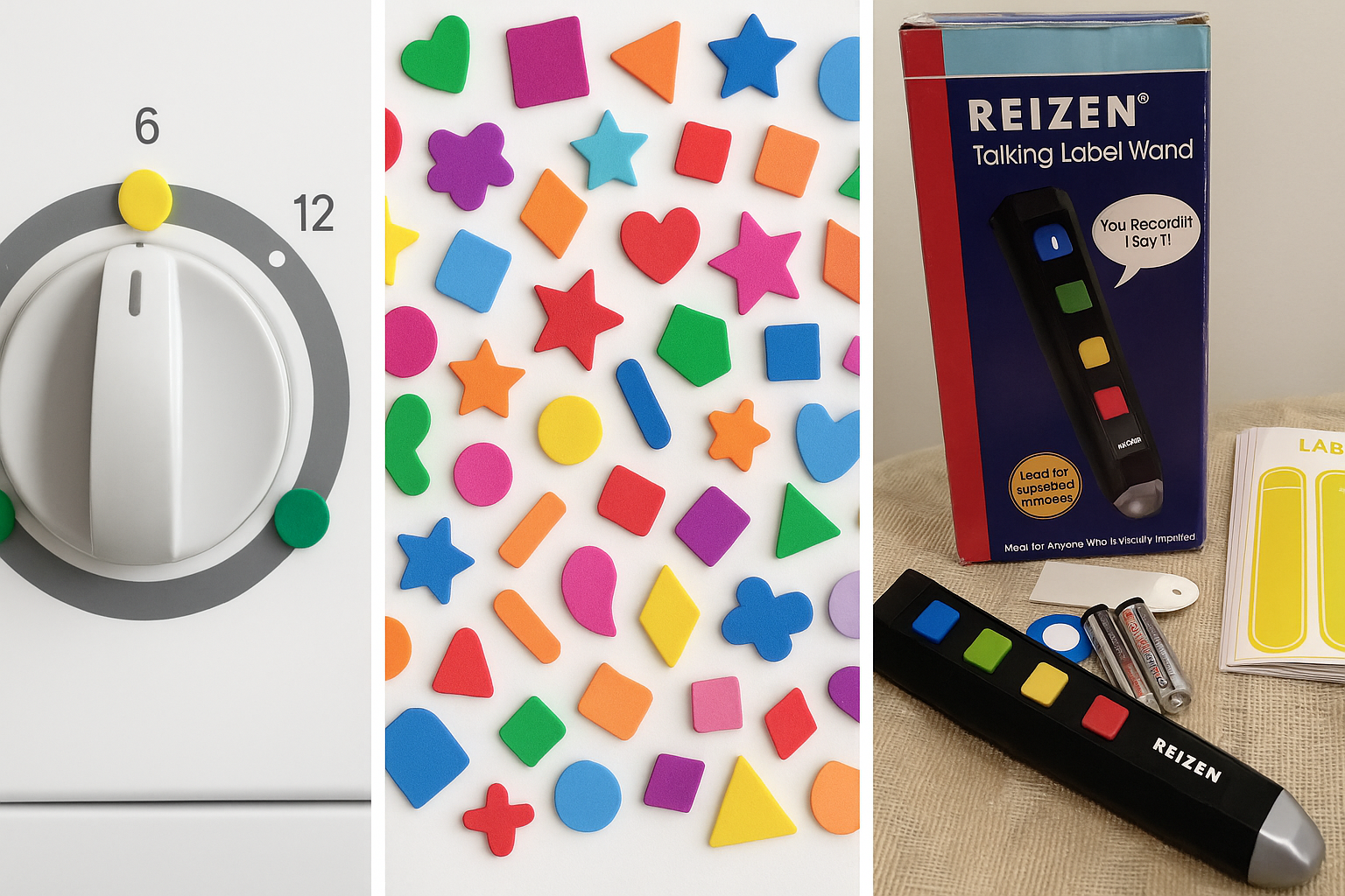 A collage of labeling tools including colorful bump dots, assorted foam stickers, and the Reizen Talking Label Wand with label sheets, displayed on a light background.