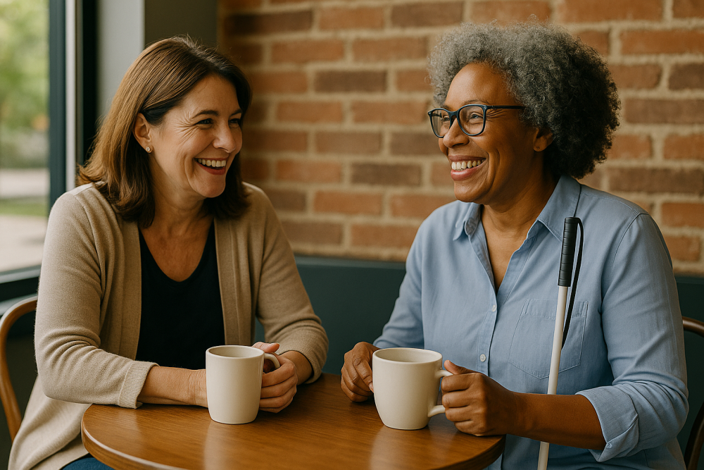Two women smiling and talking at a café table, one holding a white cane.
