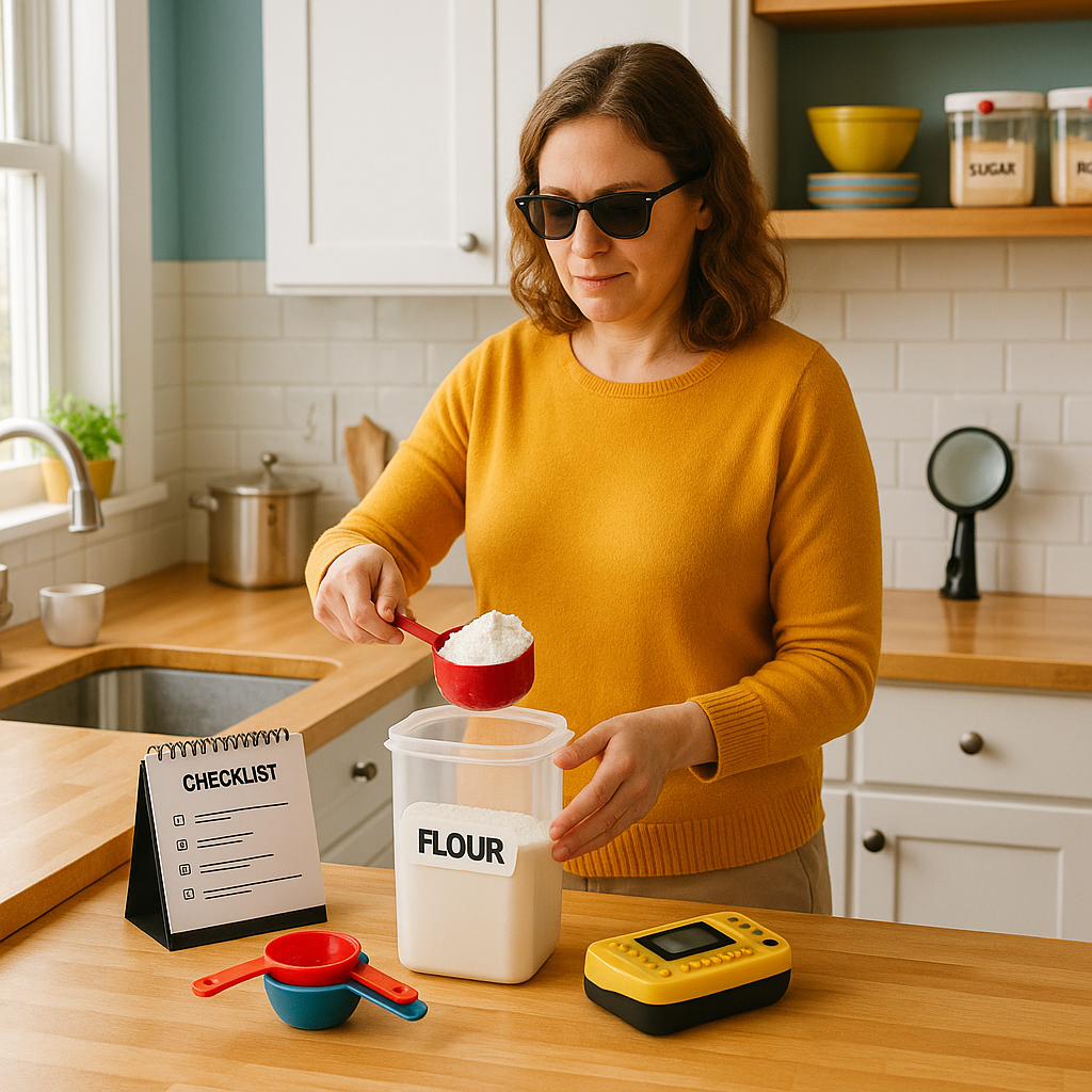 A woman with low vision prepares food in a well-lit kitchen using tactile measuring tools and a clearly labeled cutting board. A talking timer and digital magnifier are visible nearby