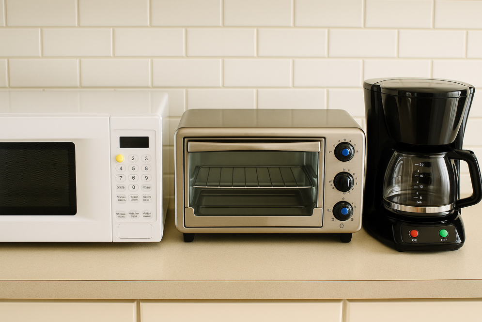A microwave, toaster oven, and coffee maker on a kitchen counter, each labeled with bright colored bump dots for easier identification by someone with low vision.