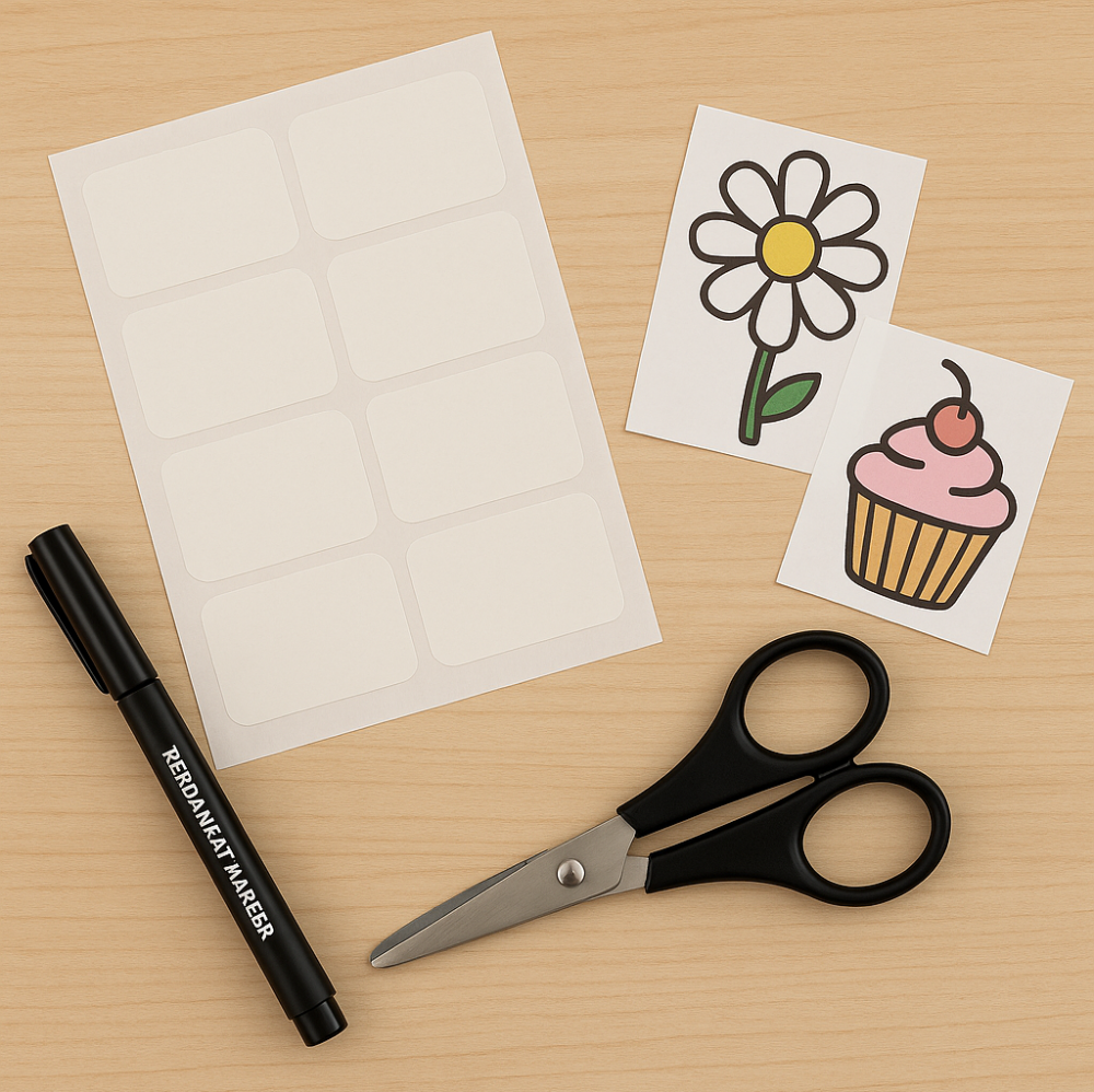 A sheet of blank adhesive labels, a pair of scissors, a black permanent marker, and two printed images—a flower and a cupcake—are arranged neatly on a wooden surface.  📝 Caption: