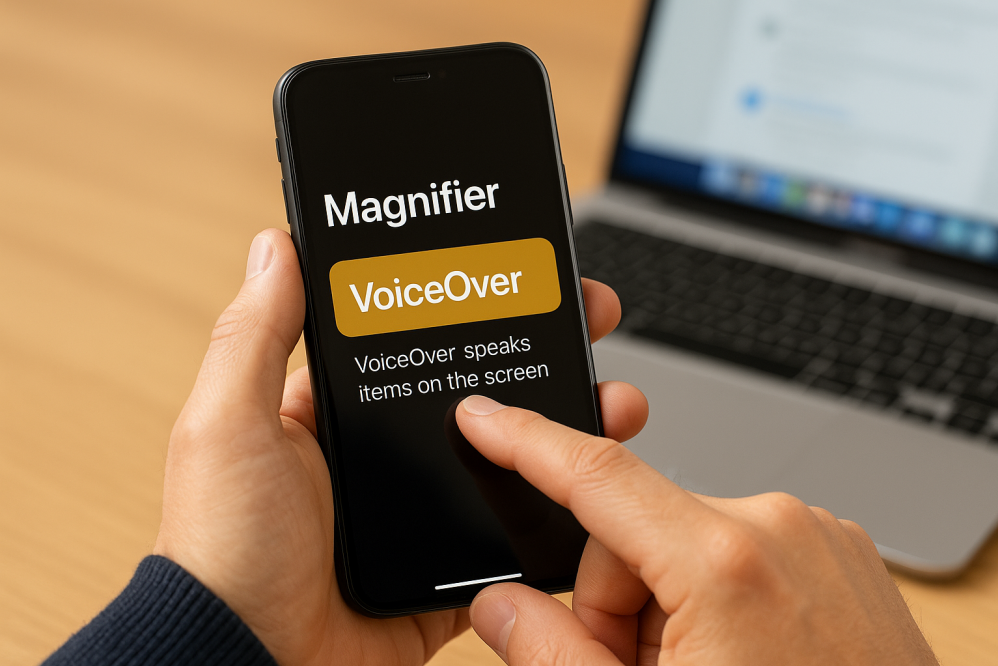 A visually impaired user navigates a smartphone using VoiceOver and magnification tools.