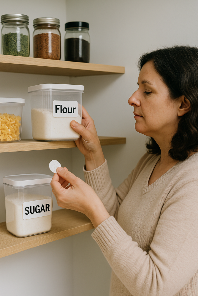 A woman with low vision organizes kitchen containers using tactile labels and large print.