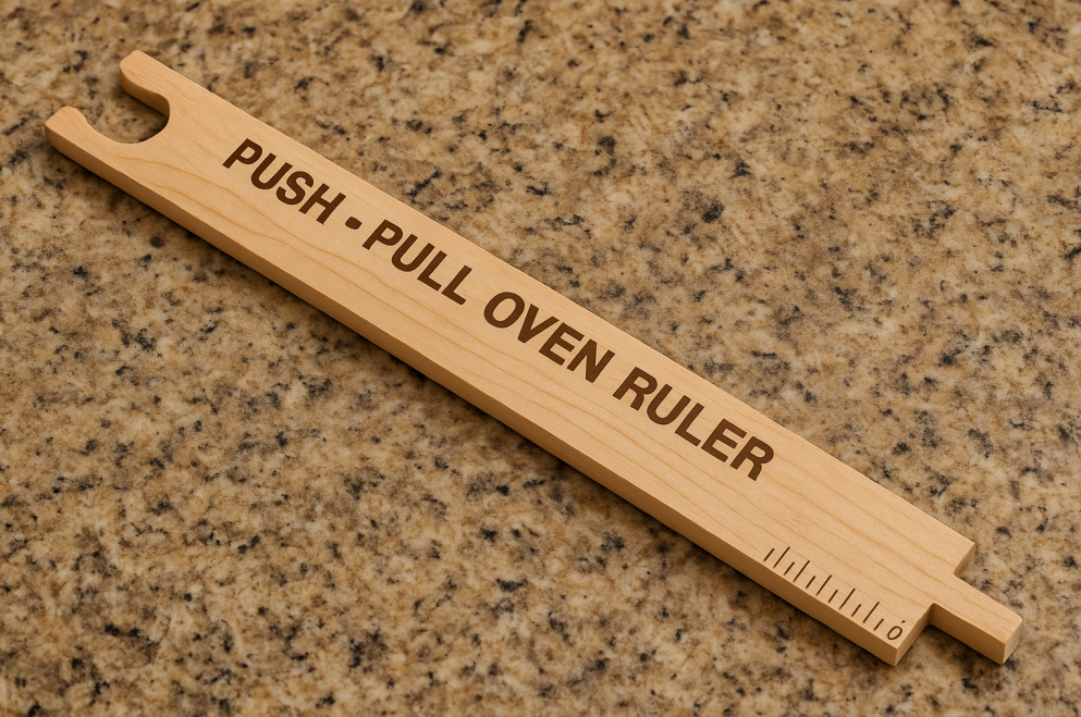 A wooden push-pull oven ruler with measurement markings and a hook notch lies diagonally on a speckled granite countertop.