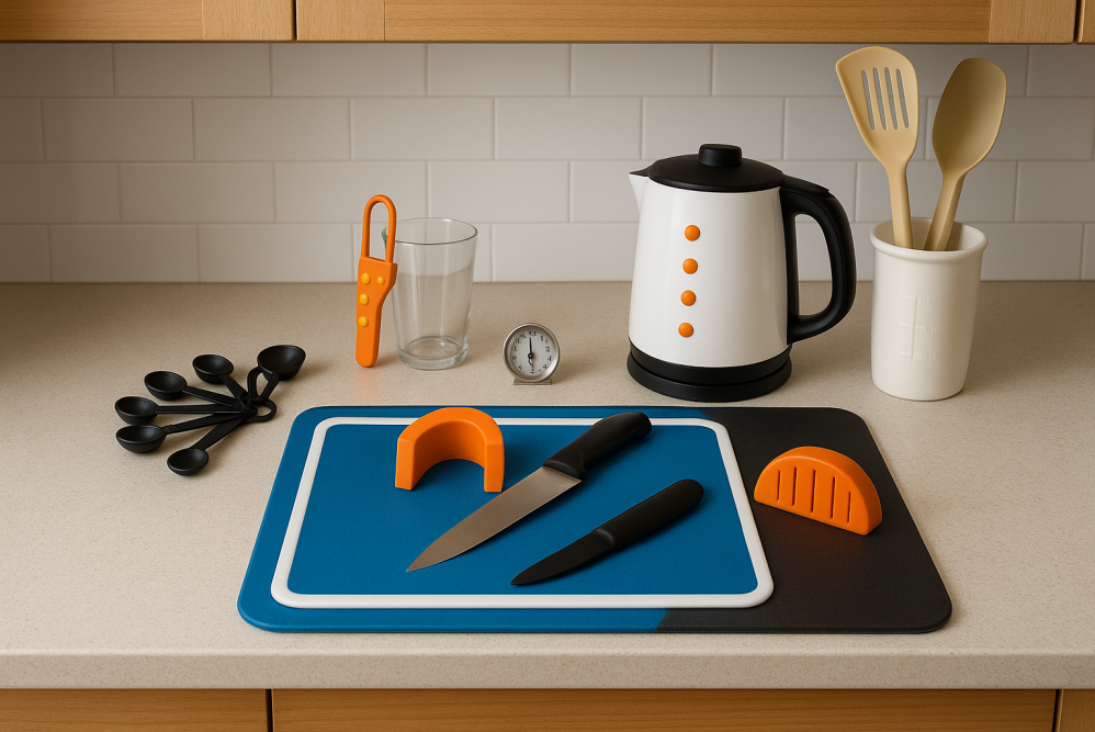  low vision-friendly kitchen workspace with tactile tools and adaptive cutting mats.