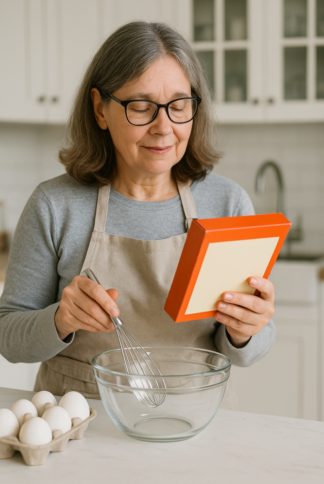 Middle-aged woman with glasses holding a bright orange box mix and whisking over a glass bowl in a well-lit kitchen.