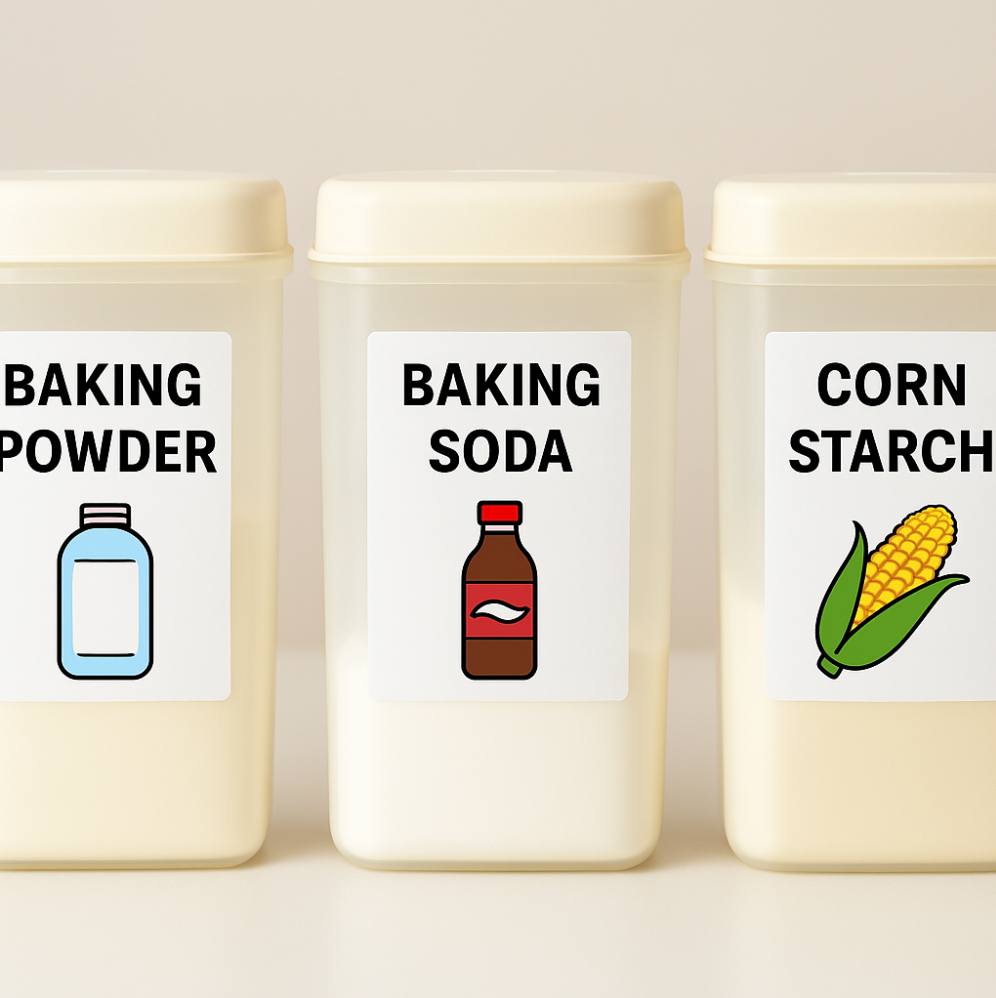  Three labeled kitchen canisters: Baking Powder with baby powder image, Baking Soda with soda bottle, Corn Starch with corn cob.