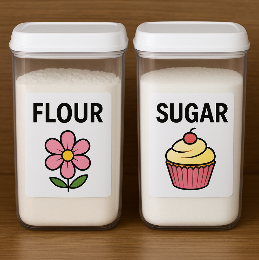 Two clear kitchen containers labeled 'Flour' with a flower image and 'Sugar' with a cupcake image.