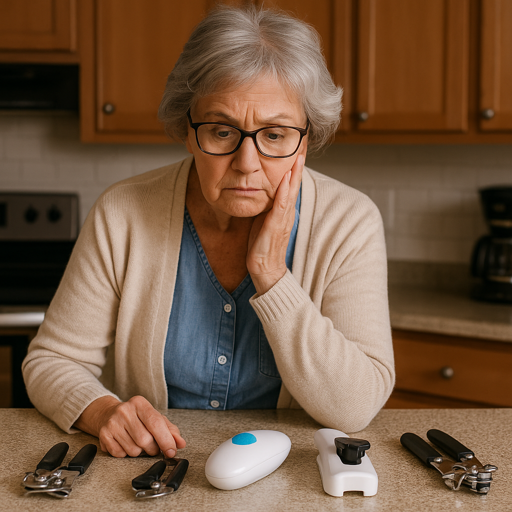 A senior woman stands at a kitchen counter examining a collection of can openers, appearing thoughtful and slightly confused as she considers which one to use.