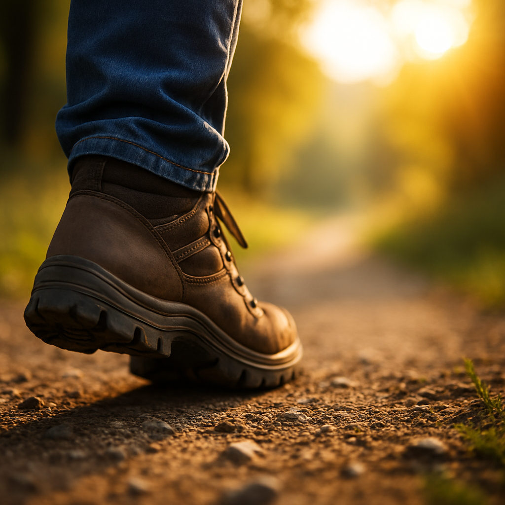 A close-up photograph of a person’s foot confidently stepping onto a forest path, surrounded by soft natural light and greenery.