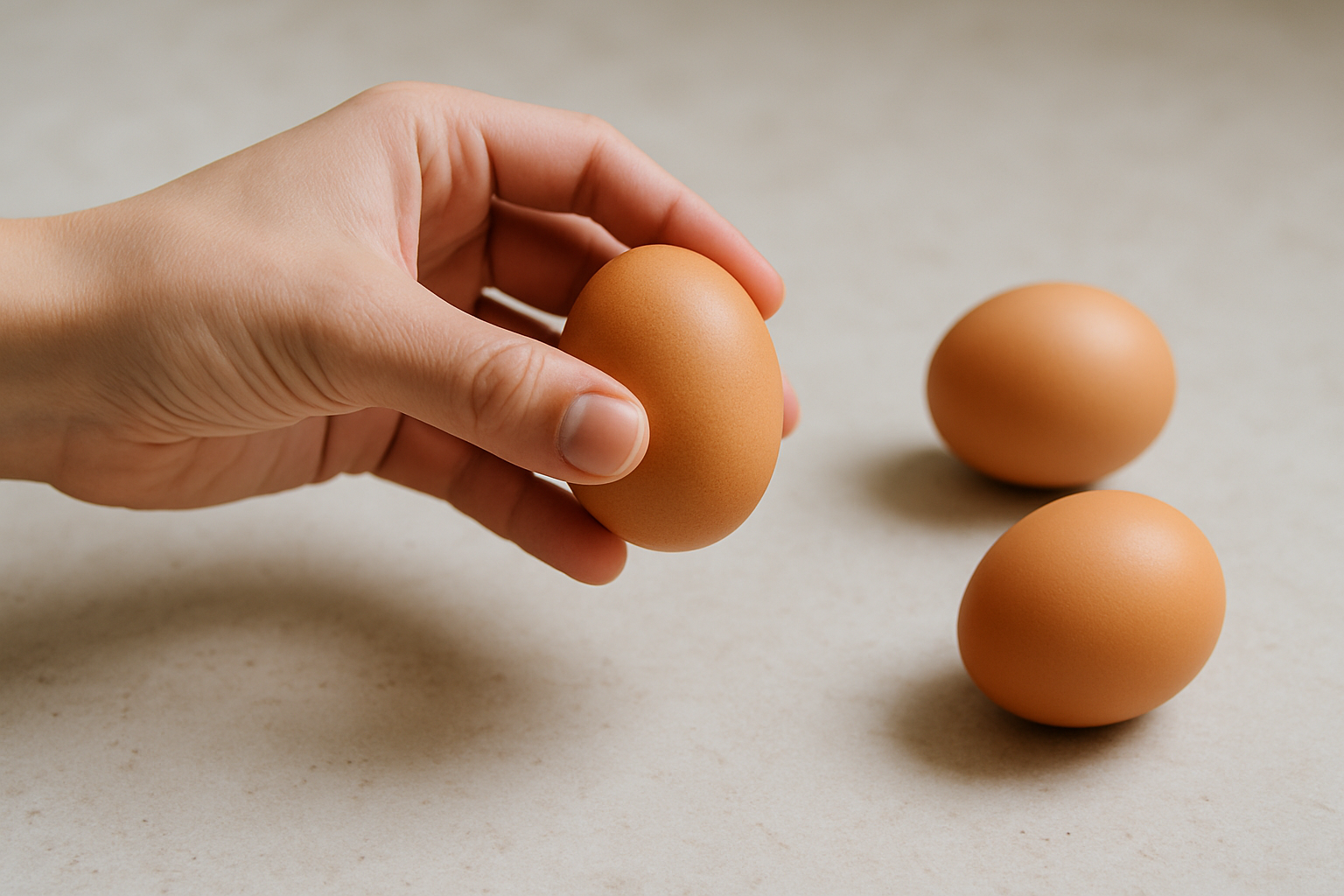 A hand holds a brown egg above a countertop with two more eggs nearby.