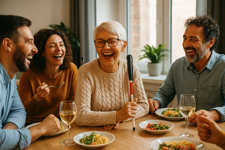 A cheerful multigenerational family sharing a meal, laughing together. One of the adults, who uses a white cane, is visibly engaged in the moment, contributing to the joyful atmosphere.