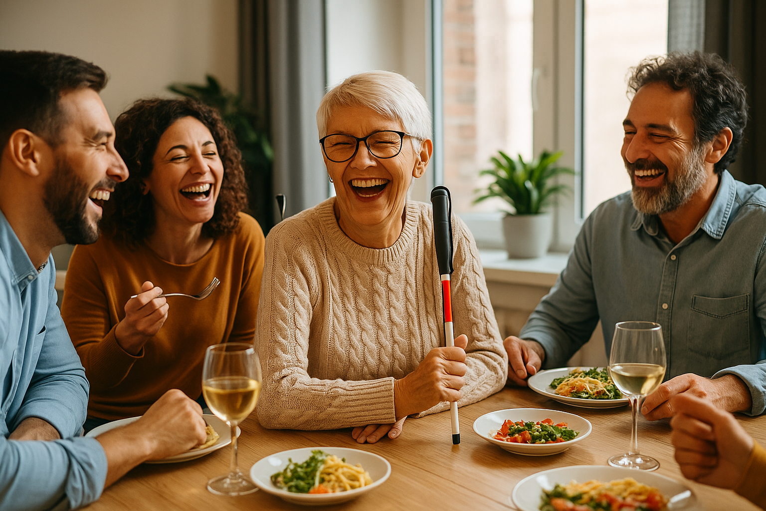 A cheerful multigenerational family sharing a meal, laughing together. One of the adults, who uses a white cane, is visibly engaged in the moment, contributing to the joyful atmosphere.