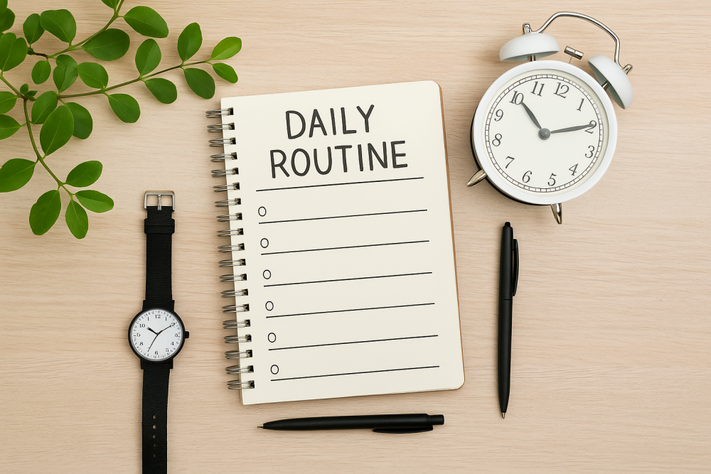 A flat lay photograph of a clean, organized desk featuring a large-print calendar, a notebook, and a cup of coffee—symbolizing daily routine and structure.
