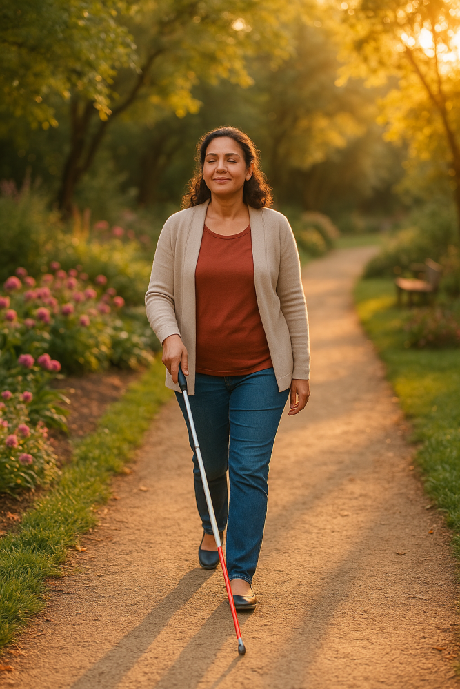 A visually impaired middle-aged woman walks confidently through a quiet, leafy neighborhood, using a white cane while wearing sunglasses and casual clothes.