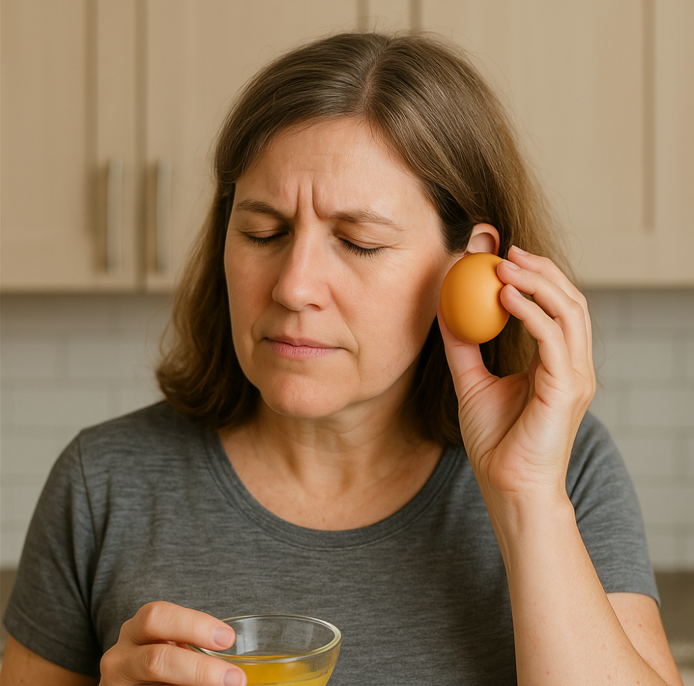 A woman holds a brown egg close to her ear, concentrating as she shakes it to check freshness.