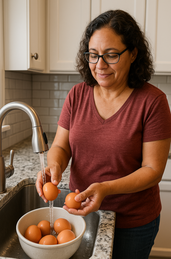 A woman rinses brown eggs under running water at a kitchen sink, holding two eggs above a bowl filled with more eggs.