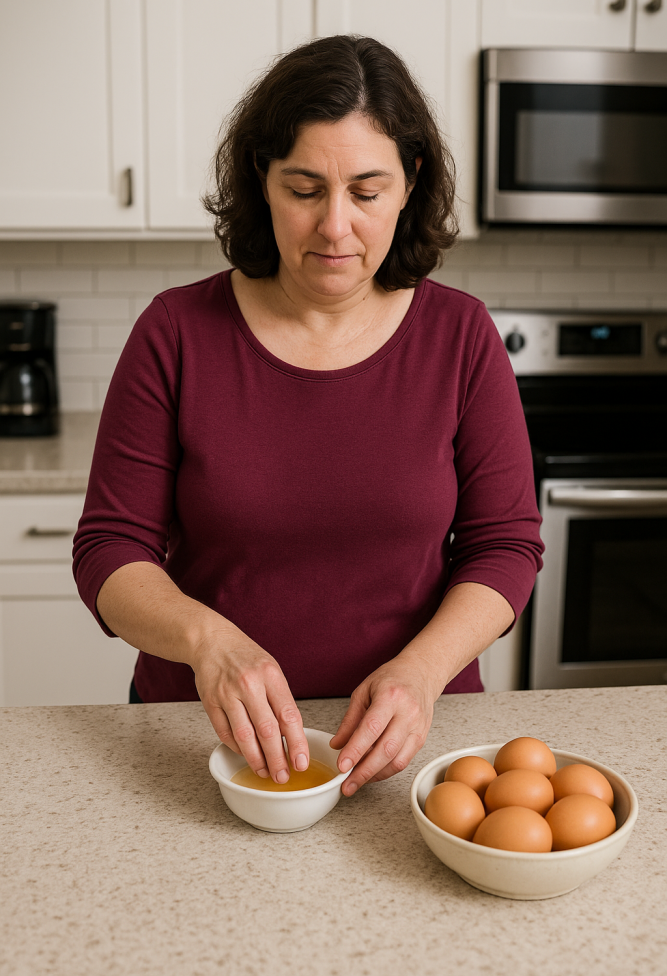 A woman stands at a kitchen counter with a bowl of cracked egg in front of her, using her fingers to check for shell fragments, with another bowl of eggs nearby.
