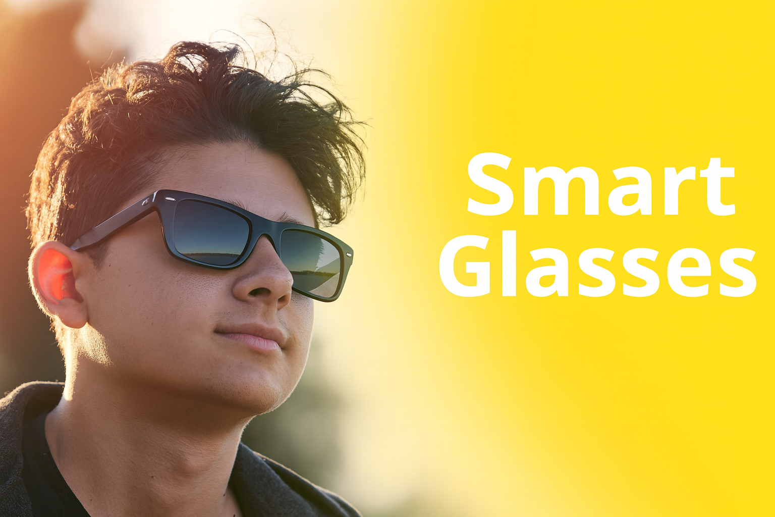 Young man wearing sleek Ray-Ban–style smart glasses, with an additional pair of black smart glasses highlighted against a bright yellow background.