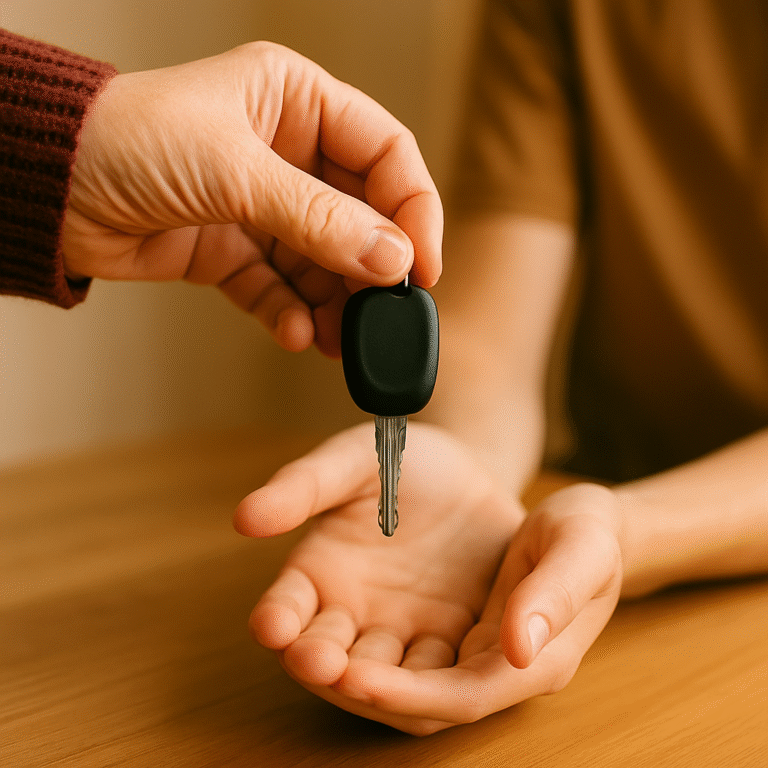 A close-up of two hands exchanging a car key, symbolizing the decision to stop driving and pass on responsibility.