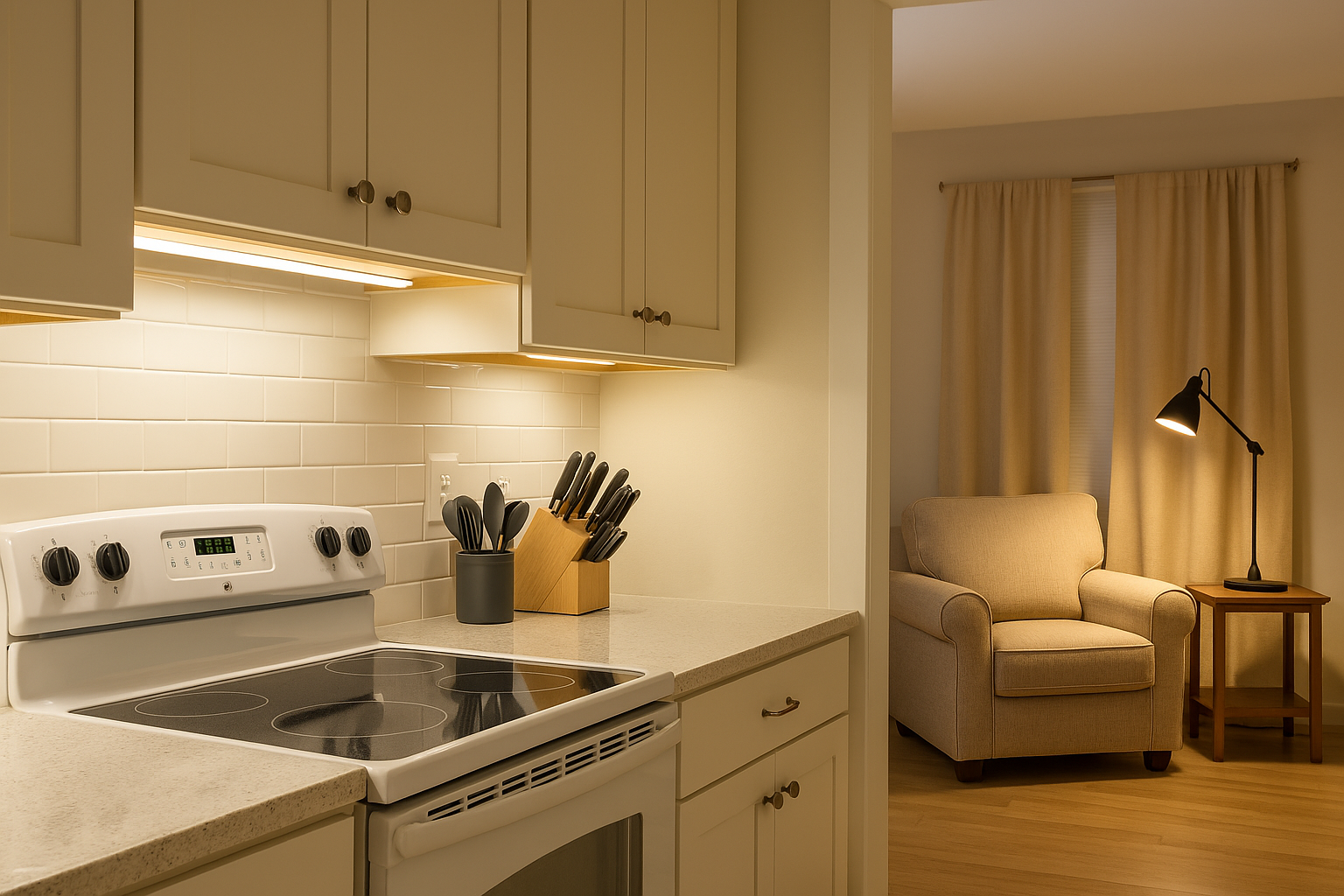 Side-by-side view of a well-lit kitchen with under-cabinet lights and a cozy living room with warm ambient lighting, demonstrating accessible lighting solutions.