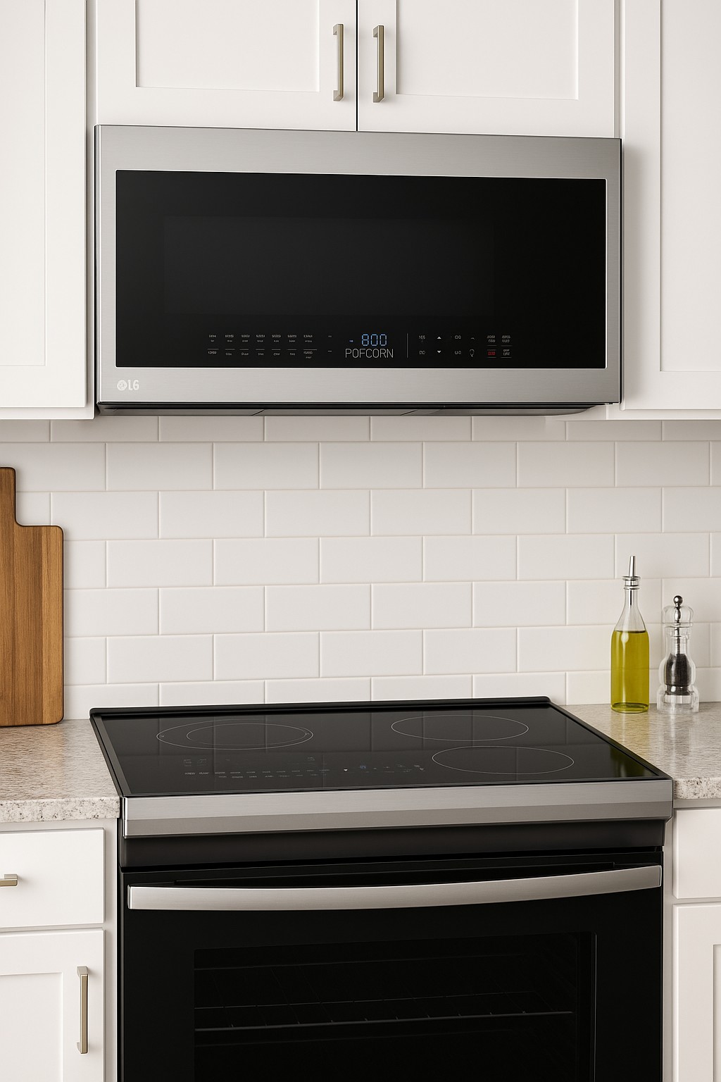 Modern kitchen with LG over-the-range microwave and GE Profile smart range with induction cooktop, set against white cabinets and subway tile backsplash.
