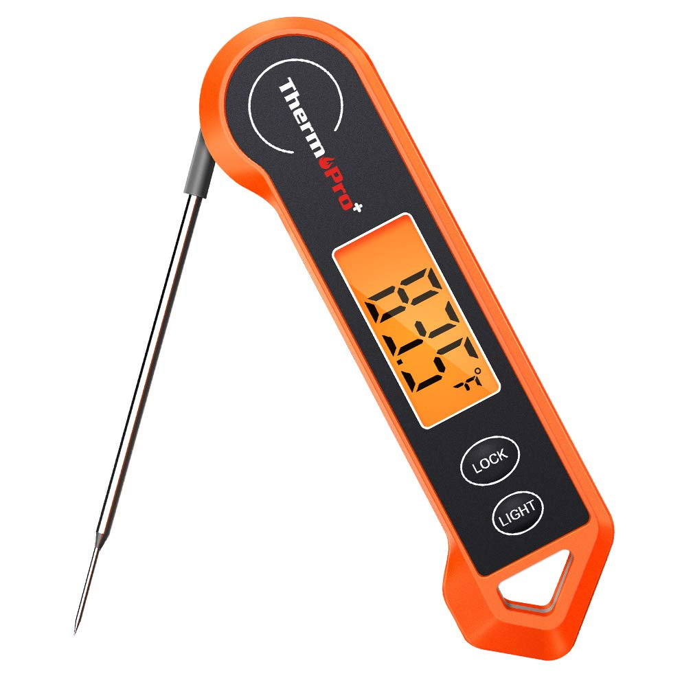 A bright orange ThermoPro digital kitchen thermometer with a folding stainless steel probe and backlit LCD screen displaying the temperature.