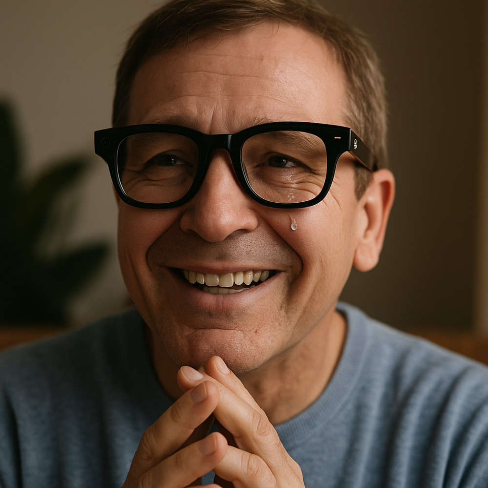 A middle-aged man with glasses smiling warmly while wearing Ray-Ban Meta Smart Glasses, seated outdoors, showing confidence and comfort with the technology.