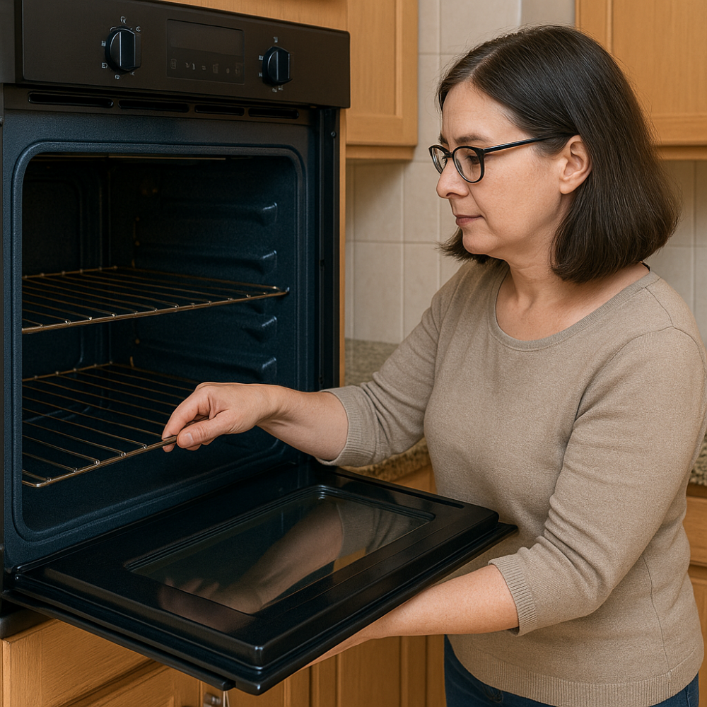 A middle-aged woman adjusting the position of an oven rack in a cold, open oven, standing in a warm-toned kitchen with wooden cabinets.