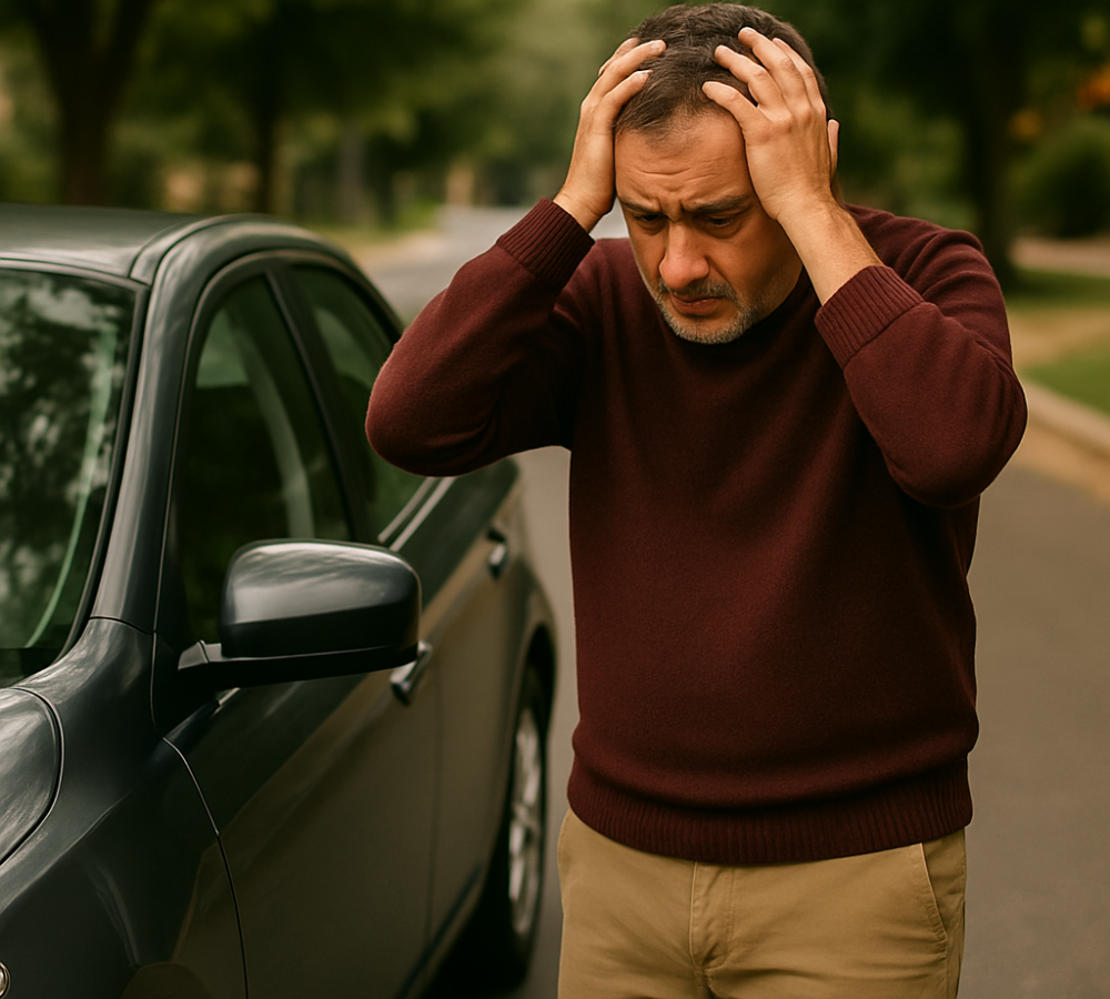 A person beside a car in low light, appearing shaken after a close call—representing the emotional toll of unsafe driving.