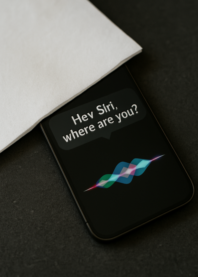 A smartphone on a light wooden surface showing Siri’s response, “Hey Siri, where are you?” with a colorful waveform.