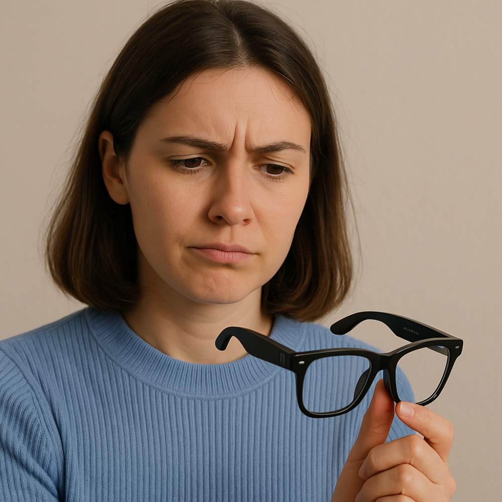 A woman with shoulder-length hair holds a pair of Ray-Ban style smart glasses in her hands, looking thoughtful as she considers their potential benefits.