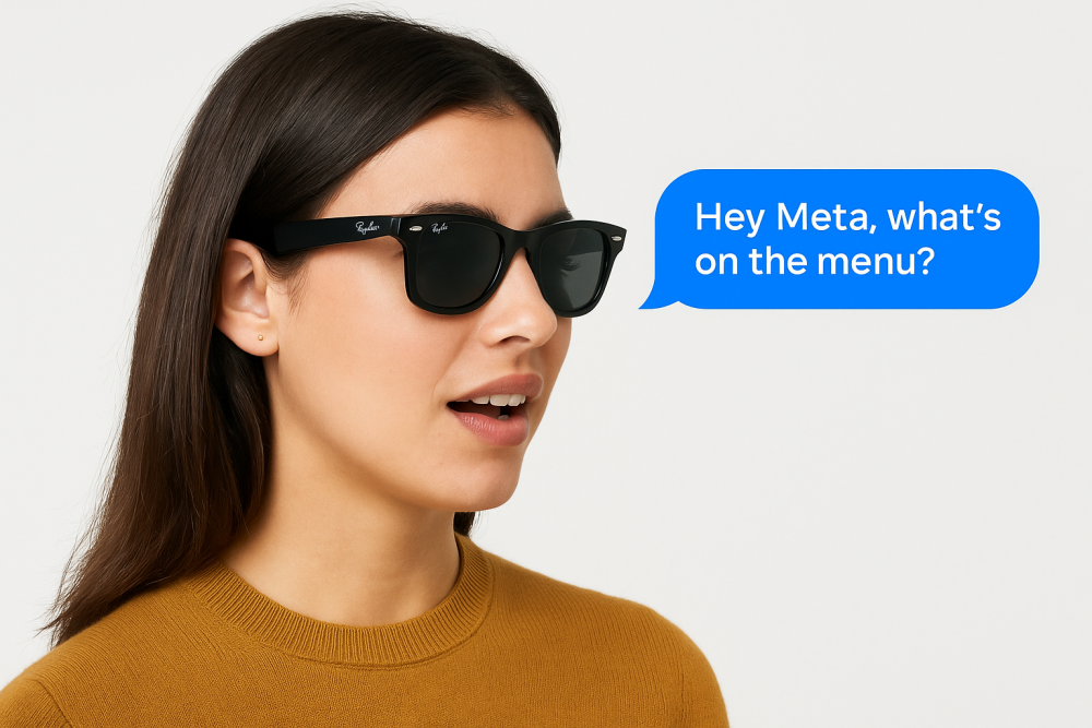 : A young woman wearing Ray-Ban Meta AI Smart Glasses asks the voice assistant to read a menu aloud.