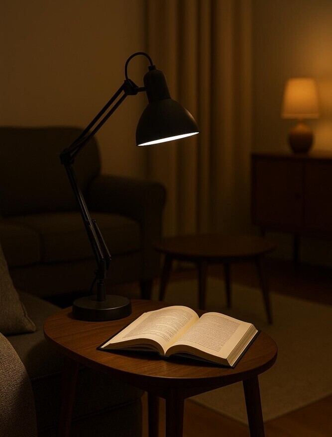 Adjustable-arm LED task lamp casting bright, focused light onto an open book in a cozy living room reading nook.